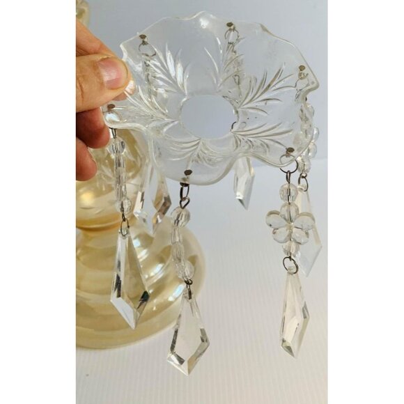 Vintage Amber Glass Candle Holder with Crystal Dangles 13.5" - Picture 11 of 15